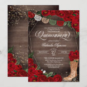Invitation Charra Bottes rustiques de cow-girl Roses Rouges Q (Devant / Derrière)