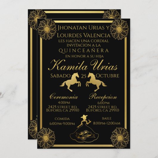 Invitation Charra Noir et Or (Devant / Derrière)