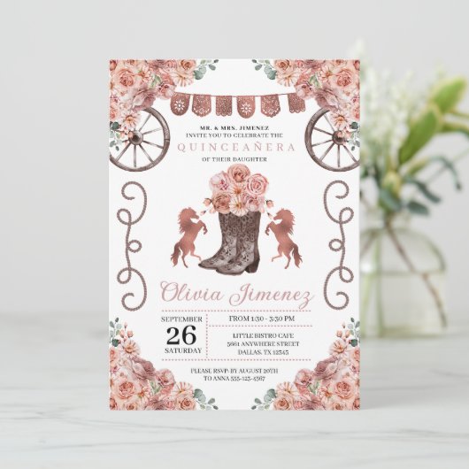 Invitation Charra rose or Bottes florales Quinceañera (Debout devant)