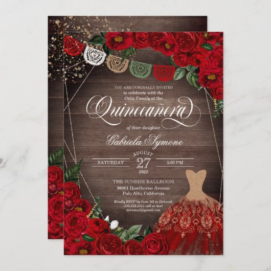 Invitation Charra Roses Rustiques Roses Parties scintillant R (Devant / Derrière)