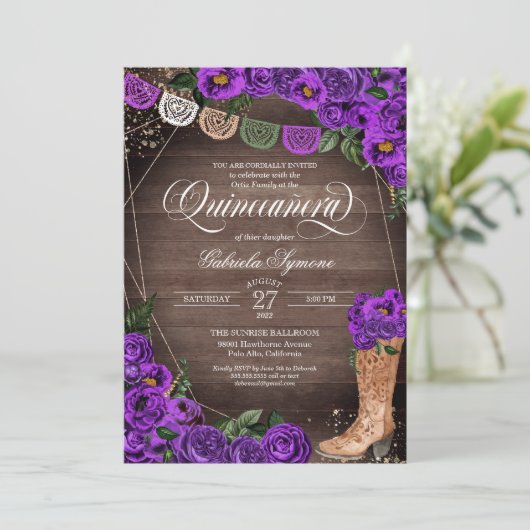 Invitation Charra Russe Cowgirl Boot violet Rose Quinceañera (Debout devant)