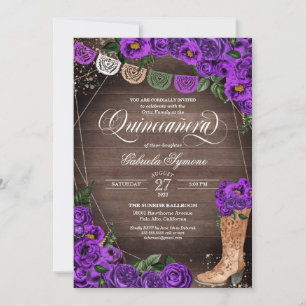 Invitation Charra Russe Cowgirl Boot violet Rose Quinceañera