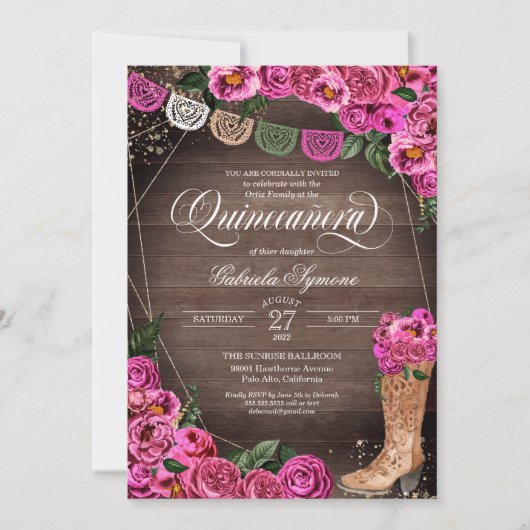 Invitation Charra Rustique Cowgirl Rose Rose Quinceañera (Devant)