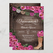 Invitation Charra Rustique Cowgirl Rose Rose Quinceañera (Devant / Derrière)