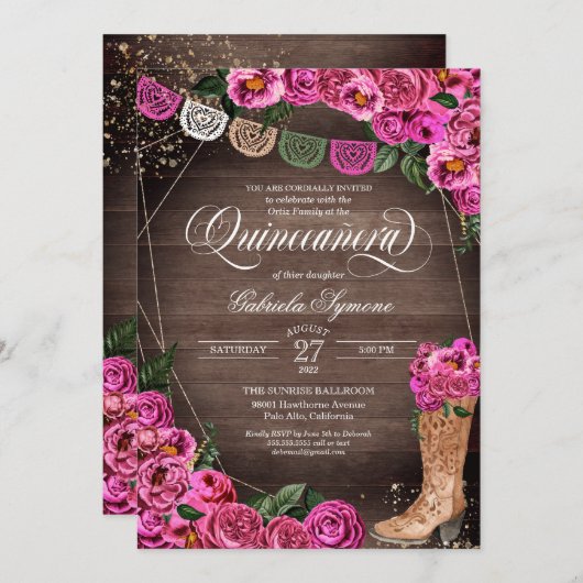 Invitation Charra Rustique Cowgirl Rose Rose Quinceañera (Devant / Derrière)