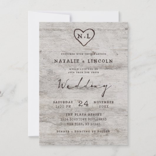 Invitation Charrettes sculptées Rustique Birch Monogram Maria (Devant)