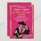 Invitation Charro Catrina Skuls à sucre Dansant Mariage rose (Devant / Derrière)