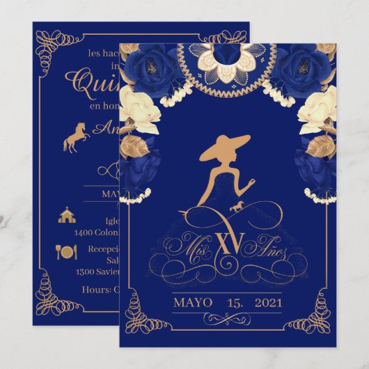 Invitation Charro, en bleu marine et or (Devant / Derrière)