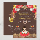 Invitation Charro Fleurs rouges, Hacienda, Tournes (Devant / Derrière)