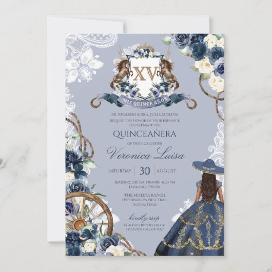 Invitation Charro Horse Crest Royal Navy Blue Quinceanera Inv (Devant)