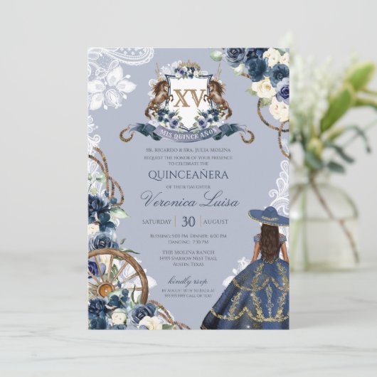 Invitation Charro Horse Crest Royal Navy Blue Quinceanera Inv (Debout devant)