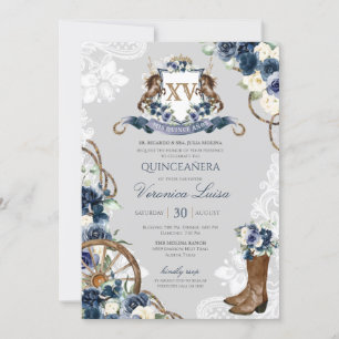 Invitation Charro Horse Crest Royal Navy Blue Quinceanera Inv