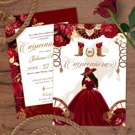 Invitation Charro Occidental Bourgogne 2 faces Quinceanera