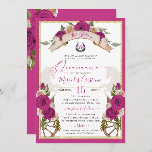 Invitation Charro Ouest Fuchsia Cheval Rose Quinceanera (Devant / Derrière)