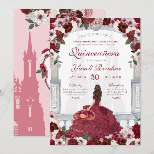 Invitation Charro Princesse Quinceanera, rouge bordeaux (Devant / Derrière)