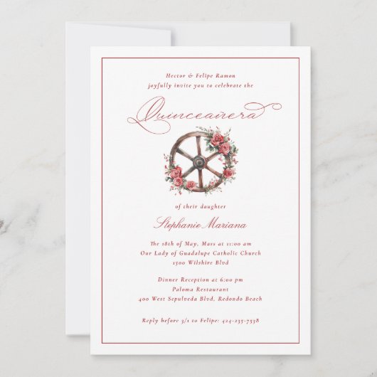 Invitation Charro Quinceañera Elegant Roue Roue Roses Rouge (Devant)