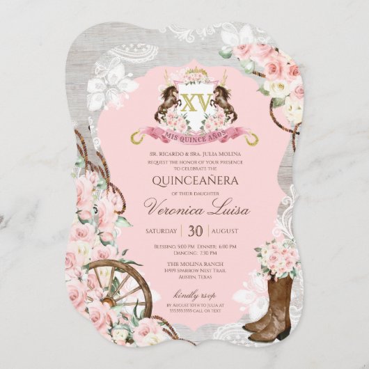 Invitation Charro Quinceanera rose rustique (Devant / Derrière)