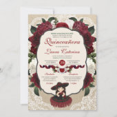 Invitation Charro Quinceanera Rouge Bourgogne Floral Annivers (Devant)