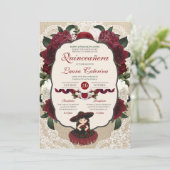 Invitation Charro Quinceanera Rouge Bourgogne Floral Annivers (Debout devant)