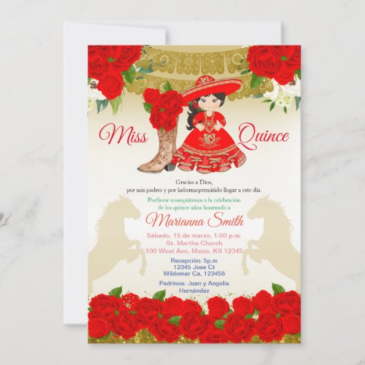 Invitation Charro Quinceañera Rouge Or (Devant)