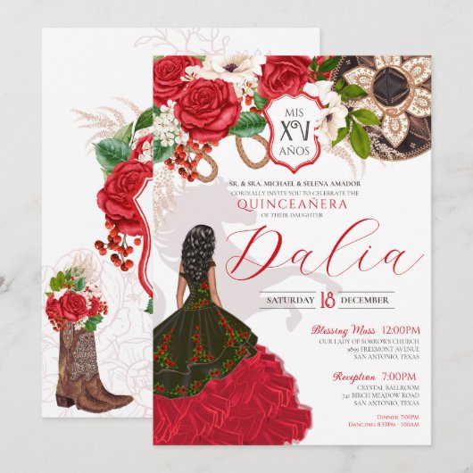Invitation Charro Quinceañera Rouge Rose Floral Crest Western (Devant / Derrière)