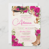 Invitation Charro rose chaud Rose occidental Floral Quinceañe (Devant)