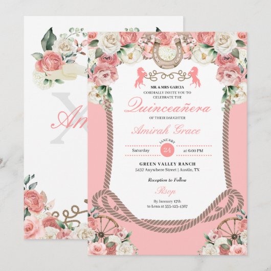 Invitation Charro rose occidentale Cowgirl Quinceañera (Devant / Derrière)