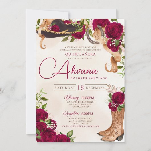 Invitation Charro rouge Bourgogne Quinceanera occidentale (Devant)