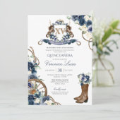 Invitation Charro Royal Navy Blue Floral Crest Quinceanera (Debout devant)