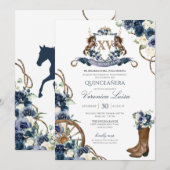 Invitation Charro Royal Navy Blue Floral Crest Quinceanera (Devant / Derrière)