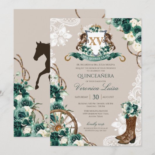 Invitation Charro vert Floral Horse Crest Quinceanera (Devant / Derrière)