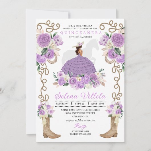 Invitation Charro violet femme Western Quinceañera (Devant)