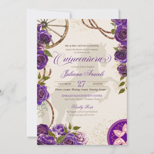Invitation Charro violet Rose Ranch occidental Quinceanera (Devant)