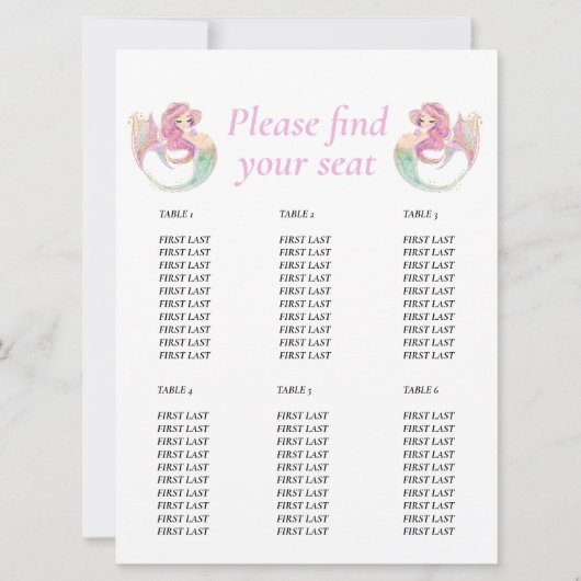 Invitation Chart de table rose sirène pour Baby Shower (Devant)