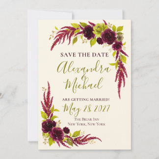 Invitation Chartreuse & Burgundy Floral Save the Date Card 