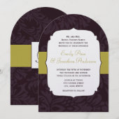 Invitation Chartreuse Damassé Moderne Aubergine pour Mariage  (Devant / Derrière)