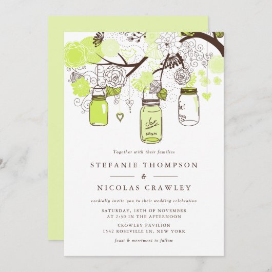 Invitation Chartreuse Green Hanging Mason Jars Mariage (Devant / Derrière)