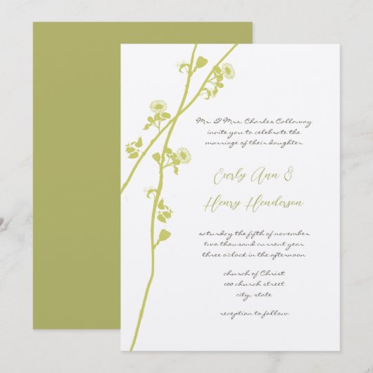 Invitation Chartreuse Lime Branche de Fleur Sauvage Mariage (Devant / Derrière)