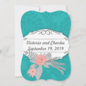 Invitation Chartreuse moderne Turquoise Mariage damassé (Dos)