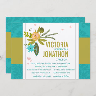 Invitation Chartreuse moderne Turquoise Mariage damassé