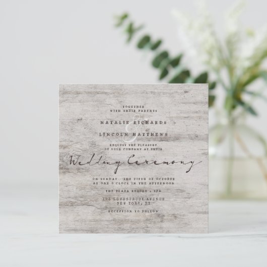 Invitation Chartreuse sculptée Rustic Birch Mariage Carré (Debout devant)