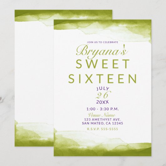 Invitation Chartreuse Vert Aquarelle Chic Douce Fête 16 Ans (Devant / Derrière)