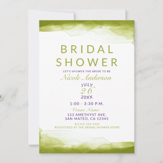 Invitation Chartreuse Vert Aquarelle Fête des mariées chic (Devant)