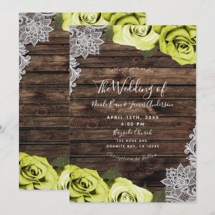 Invitation Chartreuse vert Fleurs Roses Bois Dentelle Mariage