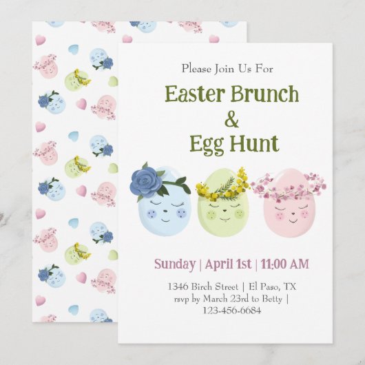 Invitation Chasse aux oeufs de Brunch de Pâques Cute Invitati (Devant / Derrière)