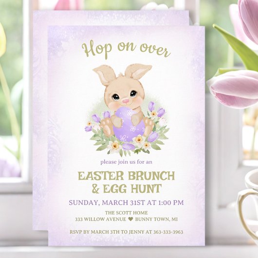 Invitation Chasse aux oeufs de Brunch de Pâques Lapin mou pou