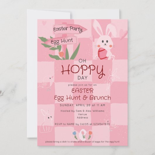 Invitation Chasse aux œufs de Pâques Brunch Lapin rose aquare (Devant)