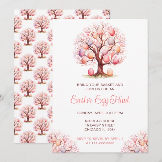 Invitation Chasse aux oeufs de Pâques de l'arbre de printemps (Devant / Derrière)