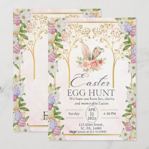Invitation Chasse aux oeufs de Pâques d'or Floral Pastel Aqua