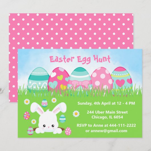 Invitation Chasse aux oeufs de Pâques en bleu turquoise et ro (Devant / Derrière)